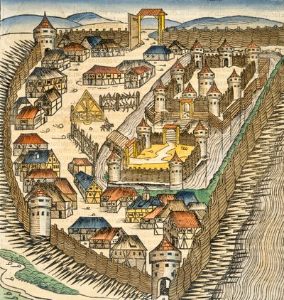 Sabatz, kuvitus Hartmann Schedelin (1440-1514) teoksesta "The Liber Chronicle" (Nürnbergin kroniikka), pub. Nürnberg, 1493 (käsinvärinen kaiverrus) tekijältä M. and Pleydenwurff, W. Wolgemuth