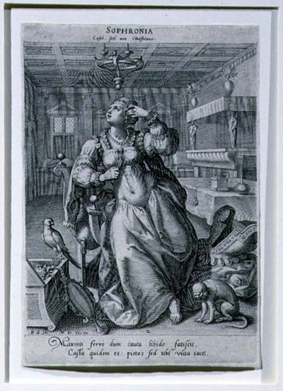 Sophronia, sarjasta "Kolme naista siveyden symboleina", kaiverrus Raphael Sadeler I (1561-1632) n. 1590 (kaiverrus) tekijältä Maarten de (after) Vos