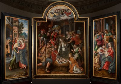 Taikaiden palvonta, Triptyykki, Keskuspaneeli, yksityiskohta, maalaus puulle tekijältä Maarten de Vos