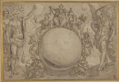 Apollo, Diana ja aika sekä ihmiselämän sykliset vastoinkäymiset, n. 1561 (kynä ja ruskea muste, harmaata pesua grafiittijälkien päällä, viilletty siirtoa varten kerrostetulle paperille). tekijältä Maarten de Vos