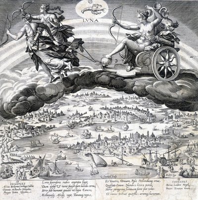 Luna: allegoria Kuusta (Diana) ja sen vaikutuksen alaisena olevasta Skorpionista (horoskooppimerkki) - kaiverrus Maaerten de Vos (Martin de Vos, Marten de Vos) (1532-1603), n.d. tekijältä Maarten de Vos