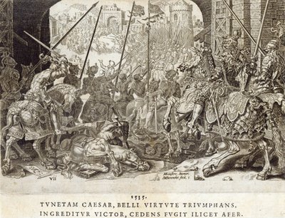 Tunisin valloitus vuonna 1535, levy 7 teoksesta "Keisari Kaarle V:n sotilaalliset saavutukset", kaiverrus Dirk Volkertsz Coornhert (1522-90), 1555 (kaiverrus ja etsaus) tekijältä Maarten van Heemskerck