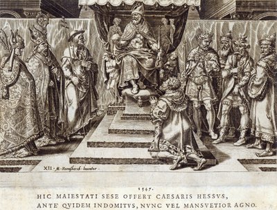 Hesenin landgrave Philipin esitys vuonna 1547, levy 12 teoksesta "Keisari Kaarle V:n sotilaalliset saavutukset", kaivertanut Dirk Volkertsz Coornhert (1522-90), 1555 (kaiverrus ja etsaus) tekijältä Maarten van Heemskerck