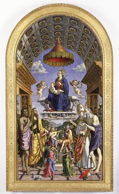 Madonna ja lapsi kunniassa, muusikkoenkelit ja pyhät Johannes Kastaja, Jaakob, Ugo ja Hieronymus, 1498 tekijältä Macrino dAlba