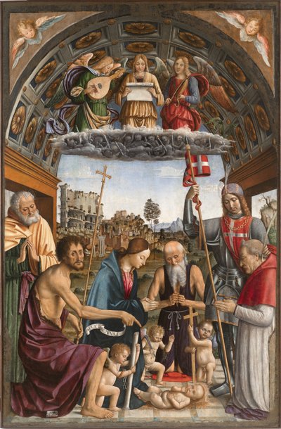 Madonna palvomassa lasta putilla, joissa on kärsimyksen symbolit, muusikkoenkelit, pyhät Joosef, Johannes Kastaja, Hieronymus, Solutor ja lahjoittaja Amedeo Romagnanosta, tekijältä Macrino dAlba