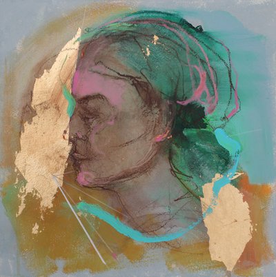 Lost In Thought 6, 2020 (akryyli, pastelli ja lehtikulta paperille) tekijältä Madgalena Morey