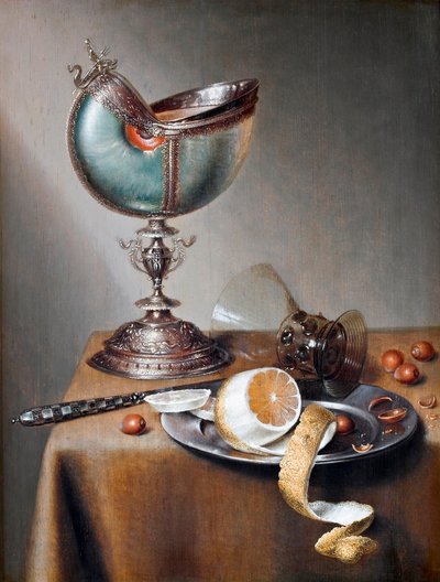 ""Nature morte a la coupe nautile"" (Asetelma Nautilus Cupin kanssa) Peinture de Marten Boelema de Stomme (1611-1644) - Öljy puulle Koko 50x38 cm Hallwylska Museet, Tukholma tekijältä Maerten Boelema de Stomme