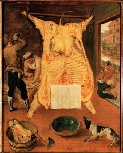 Härkä teurastamolla (maalaus tammipuulle) tekijältä Maerten van Cleve