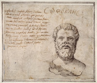 Antiikki Sophokleen rintakuva, selitetty, Fulvio Orsinin mukaan (kynä ja muste paperille) tekijältä Maerten van Heemskerck