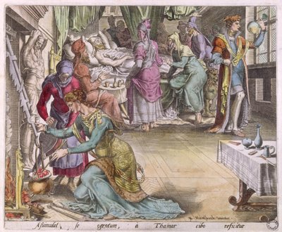 Invalikon parantaminen, tutkimus "Amnon teeskentelee sairautta Tamarin raiskaamiseksi" (värikaiverrus) tekijältä Maerten van Heemskerck