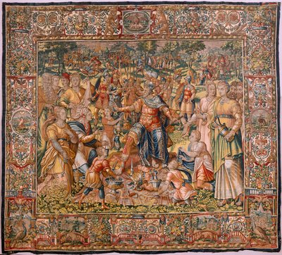 Hiippakunnan museo (Docesan Museum). Flanderin kuvakudos. Bryssel. François Geubelsin työpaja. Sarja Gideonin tarina. Israelilaiset luovuttavat osuutensa saaliista Gideonille. Silkki ja villa. Bishon testamentti tekijältä Maerten van Heemskerck