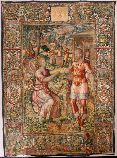 Hiippakunnan museo (Museo Diocesano). Flanderin kuvakudos. Bryssel. Atelier François Geubels. Sarjan tarina Gideonista. Gideon ja enkeli (Gedeón y el ángel). Silkki ja villa. Piispa Vicente Roca de la Sernan testamentti. Barokki. 1534-1571, katedraalissa v tekijältä Maerten van Heemskerck