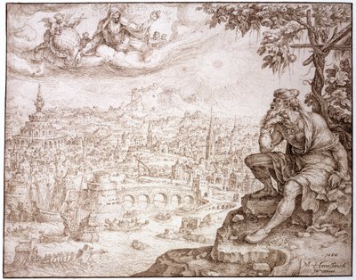 Joona, istuu kurkun alla ja pohtii Niniven kaupunkia, 1566 (kynällä ja ruskealla musteella kirjoitettu ja kynällä kaiverrettu paperille). tekijältä Maerten van Heemskerck