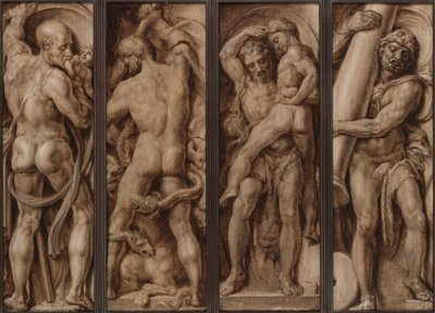 Saturnus syö lapsen; Hercules Slaying the Hydra; Hercules Lifting Antaeus; Hercules pystyttää Calpen ja Abylan pylväitä tekijältä Maerten van Heemskerck