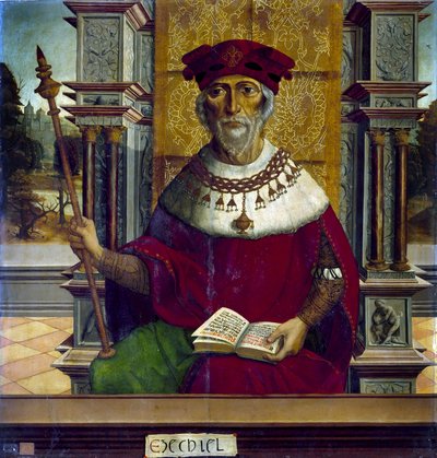 Le profhete Ezechiel - Profeetta Hesekiel - Becerrilin mestarin piirros (aktiivinen 1500-luvun alku) - n. 1525 - Öljy puulle - 90,8x87,7 cm - Prado-museo, Madrid tekijältä Maestro de Becerril