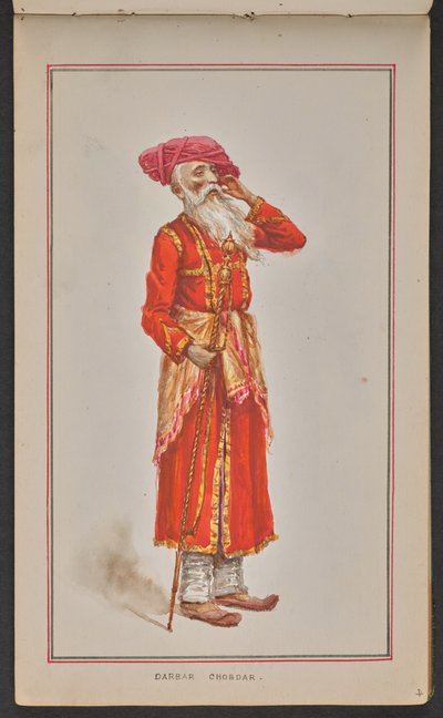 Kolhapurin durbarin iäkäs hovivirkailija, pukeutunut punaiseen takkiin ja vaaleanpunaiseen turbaaniin (akvarelli paperille). tekijältä Mahadev Vishvanath Dhurandhar