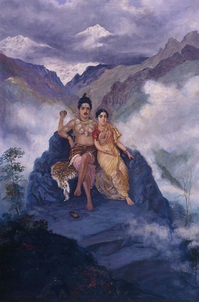 Lord Shiva ja Parvati Kailash-vuorella (öljy kankaalle) tekijältä Mahadev Vishvanath Dhurandhar