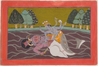 Matsya, Vishnun kala-inkarnaatio, n.1745 (paperi, peittävä wc ja kulta). tekijältä Mahesh