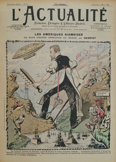 Karikatyyri Panaman kanavan rakentamisesta ja sitä ympäröivästä tiedotusvälineestä, LActualite-lehden kansi, 9. maaliskuuta 1902 tekijältä Henri Maigrot