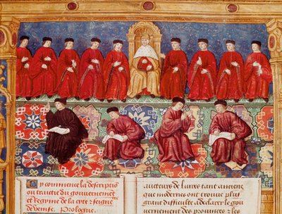 Kymmenen Dogen neuvosto on keskellä. Amiraali Louis Malet de Gravillen toteuttaman kuvauksen perusteella piirretty miniatyyri tai käsittelee kaupungin hallitusta ja hallintoa sekä Venetsian herttuakuntaa, Philippen mestari valaisi. tekijältä Maitre de Philippe de Gueldre