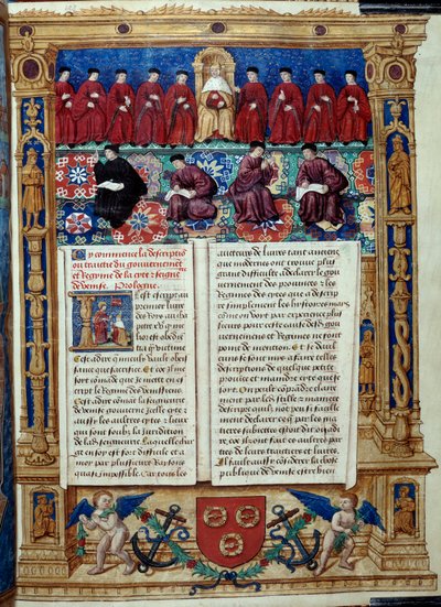 O Conselho dos Dez O Doge está no centro. Página extraída de uma descrição ou trata do governo e regime da cidade e senhoria de Veneza realizada pelo Almirante Louis Malet de Graville, iluminada pelo Mestre de Philip de Geldre (séc. tekijältä Maitre de Philippe de Gueldre