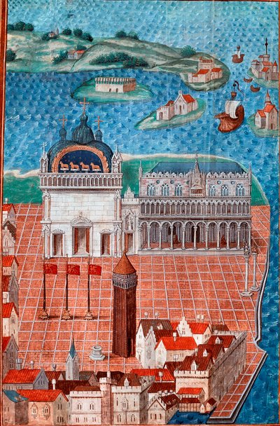 Näkymä Pyhän Markuksen aukiolle ja Venetsian Dogen palatsille"" Miniatyyri otettu kohteesta "" Kuvaus tai käsittelee Venetsian kaupungin hallitusta ja hallintoa""" Philip de Geldren (1467-1547) mestari Chantilly , Musee Conde tekijältä Maitre de Philippe de Gueldre