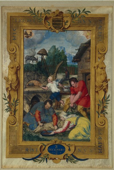 Joulukuun kalenterisivu, sian teurastus, tuntikirjasta, n.1550-60 tekijältä Maitre des Heures de Claude Gouffier