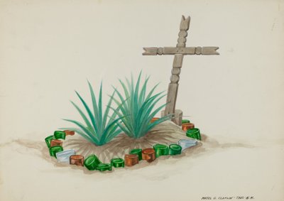 Lasten hauta puisella ristillä - pullokoristeet, c. 1937. tekijältä Majel G. Claflin