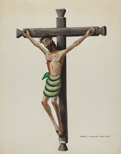 Cristo, veistetty ja maalattu, mustalla veistetyllä puisella ristillä, n. 1937. tekijältä Majel G. Claflin