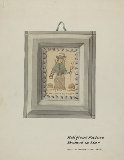 Käsin piirretty Santo Nino de Atocha - Käsintehty peltikehys, n. 1937. tekijältä Majel G. Claflin