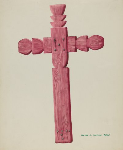 Hautakivenä käytetty punainen puinen risti, n. 1937. tekijältä Majel G. Claflin