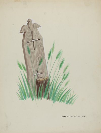 Puinen hautamerkki, n. 1937. tekijältä Majel G. Claflin