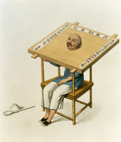 The Punishment of the Wooden Collar, levy 13 teoksesta "The Punishments of China", kaiverrettu J. Dadley, 1804 tekijältä Major George Henry Mason