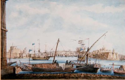 Näkymä Gallien satamaan Valettan puolelta, noin 1800 (lyijykynä ja akvarelli). tekijältä Major James of Tolcross Weir