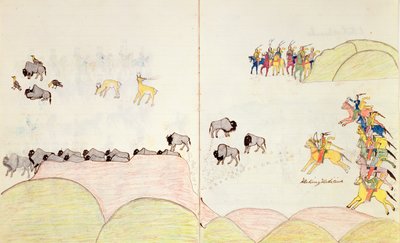 Native American Buffalo Hunt, luonnoskirjasta, joka on tehty Fort Marionissa, St Augustine, Florida, 1877 tekijältä Making Medicine
