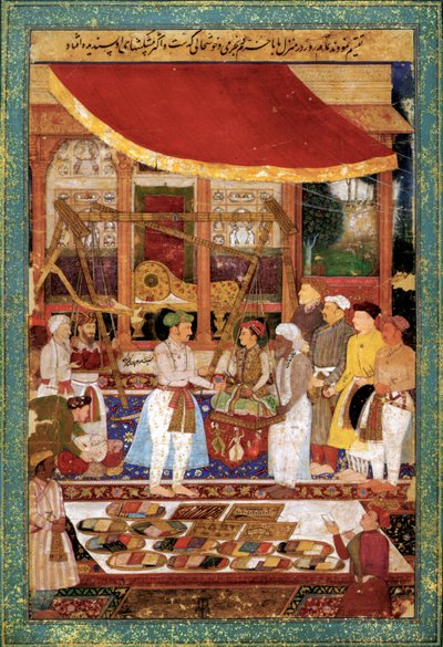 Keisari Jahangir punnitsee prinssi Khurramia kullalla, n. 1610-1615 (pienoiskuva). tekijältä Manohar Manohar