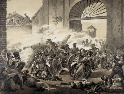 Espana. Guerra de Independecia (1808). Toukokuun toinen päivä Madridissa. Luis Daoizin kuolema Monteleonin puistoa puolustaessaan. Kaiverrus Manuel Castellanon maalauksen mukaan. Litografia. tekijältä Manuel (after) Castellano