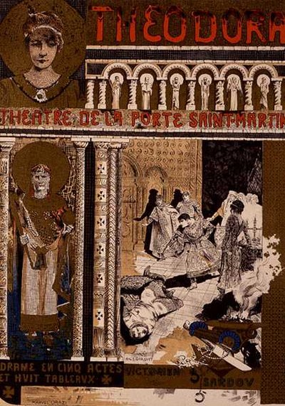 Jäljennös Victorien Sardoun Theodoraa mainostavasta julisteesta Theater de la Porte Saint-Martinissa, Pariisissa (värilitho) (katso 127036) tekijältä Manuel Orazi