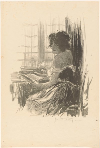 Nainen lukee pöydän takana ikkunan edessä tekijältä Manuel Robbe (signed by artist)