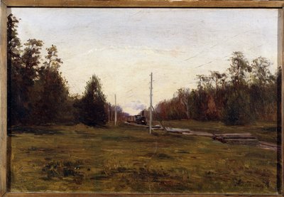 Maisema junan kanssa. Manuil Christoforovich Aladzhalov (1862-1934) maalaus. Öljy pahville, 29,5 x 43,5 cm. Venäjän taidetta 1900-luvun alussa. Alueellinen taidemuseo, Plyos. ©FineArtImage/Leemage tekijältä Manuil Christoforovich Aladzhalov