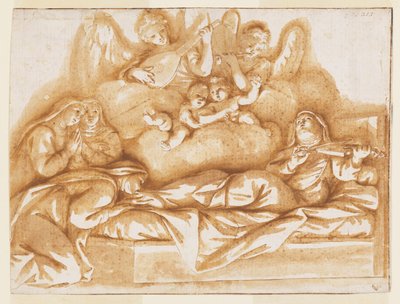 Suunnittelu yksiväriseen seinämaalaukseen, Corpus Dominin kirkko, Bologna, Italia, St. Caterina Vigrin kuolema tekijältä Marc Antonio Franceschini