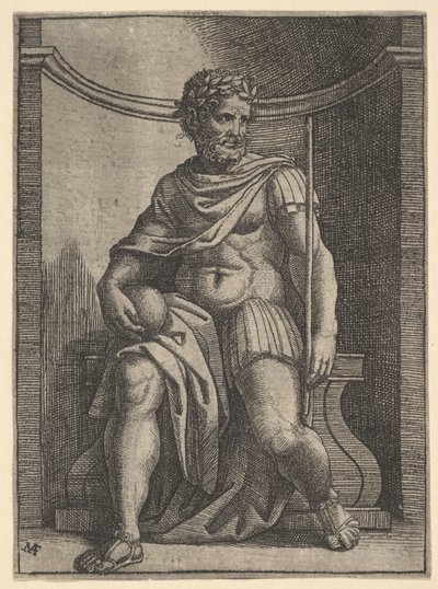Rooman keisari istuu kapealla maapalloa ja valtikkaansa pitelevänä..., n. 1500-1534. tekijältä Marcantonio Raimondi