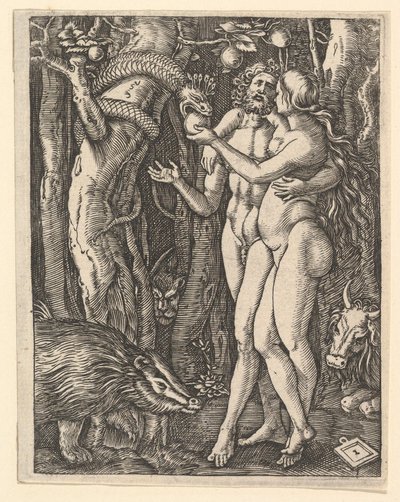 Aadam ja Eeva omenan ja käärmeen kanssa, n. 1500-1534. tekijältä Marcantonio Raimondi