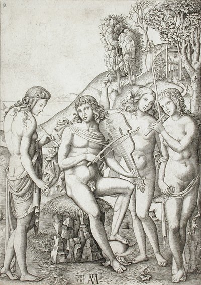 Apollo opettaa muusatarten musiikkia tekijältä Marcantonio Raimondi