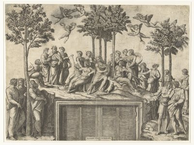 Apollo ja Muses Parnassus-vuorella tekijältä Marcantonio Raimondi