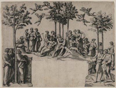 Apollo Parnassuksella, n. 1517-1520. tekijältä Marcantonio Raimondi