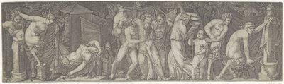 Bacchanal humalaisen Bacchuksen ja satyyrien ja maenadien kanssa tekijältä Marcantonio Raimondi