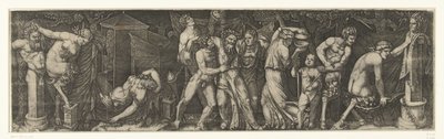 Bacchanal humalaisen Bacchuksen ja Satyrien ja Maenadien kanssa tekijältä Marcantonio Raimondi