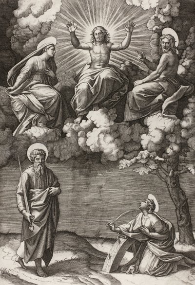 Kristus, Neitsyt ja Pyhä Johannes Kastaja pyhien Paavalin ja Katariinan kanssa, 1520-25 tekijältä Marcantonio Raimondi