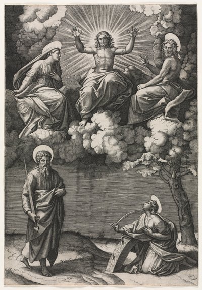 Kristus, Neitsyt ja Pyhä Johannes Kastaja pyhien Paavalin ja Katariinan kanssa, n. 1520-1525. tekijältä Marcantonio Raimondi